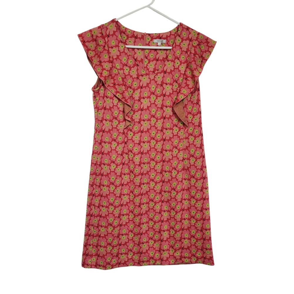 Tyler Boe Ellie Pink Lime Green Floral Ruffle V-Neck Sheath Dress Womens Small